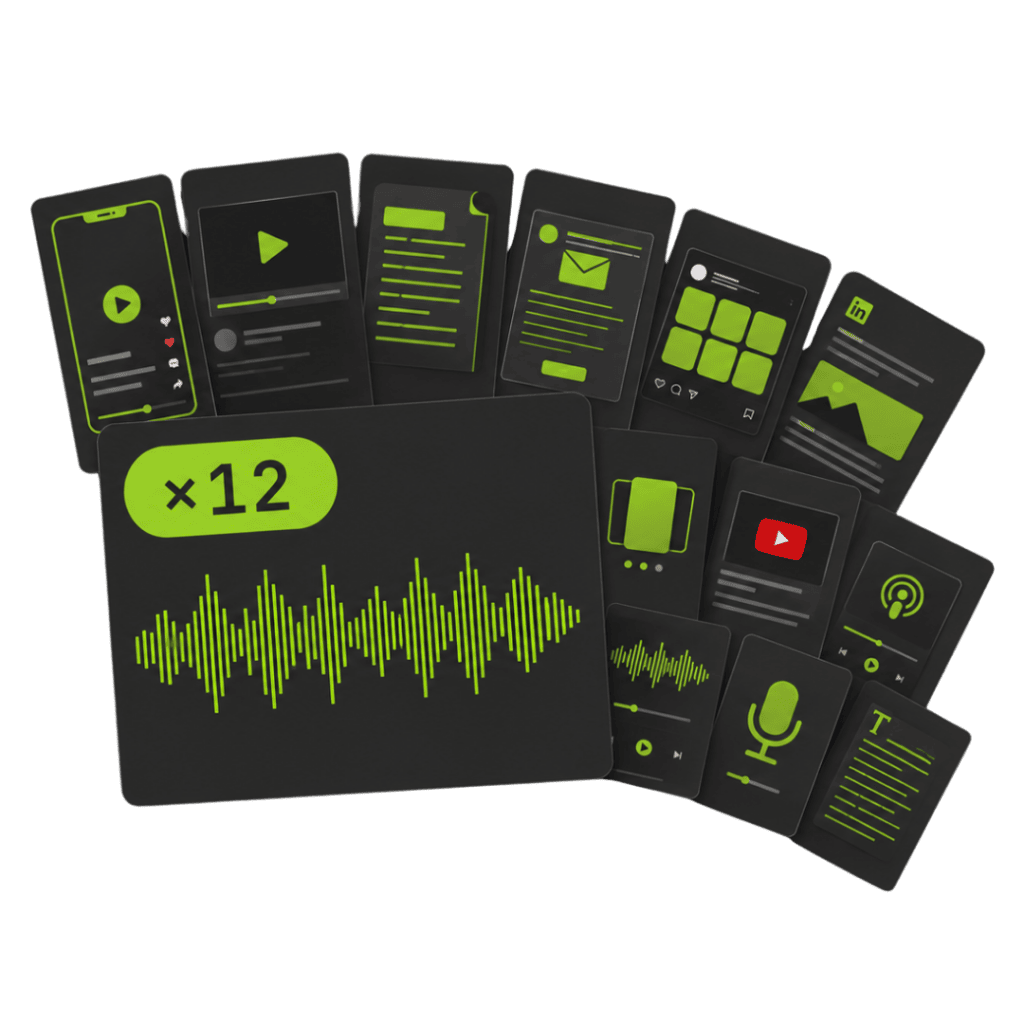 The twelve pieces Videopod delivers from one recording: video edit, podcast audio, short clips, thumbnail, carousel, social posts, show notes and newsletter